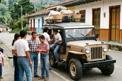 Familia junto a un Willys cargado en un pueblo cafetero