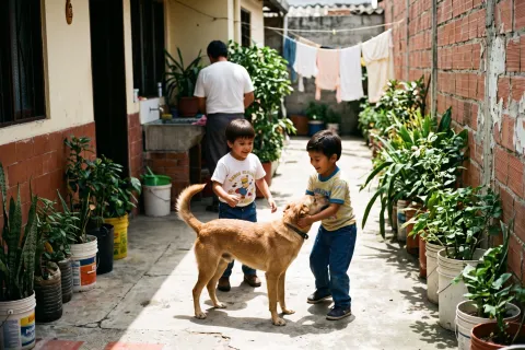 Dos niños jugando con un perro en un patio lleno de matas